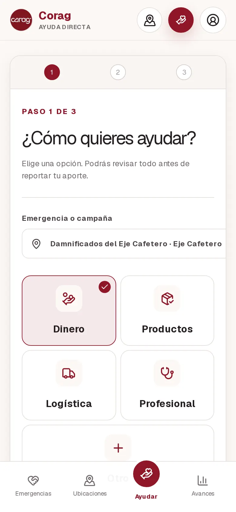 Flujo «¿Cómo quieres ayudar?» de Ayuda Directa en un teléfono, con las opciones de aporte