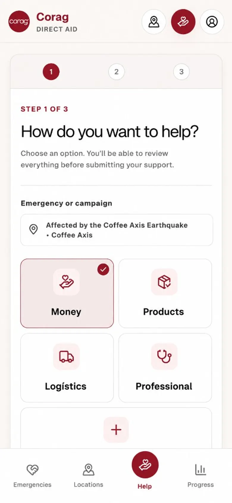 Ayuda Directa "how do you want to help?" flow on a phone, with the contribution options