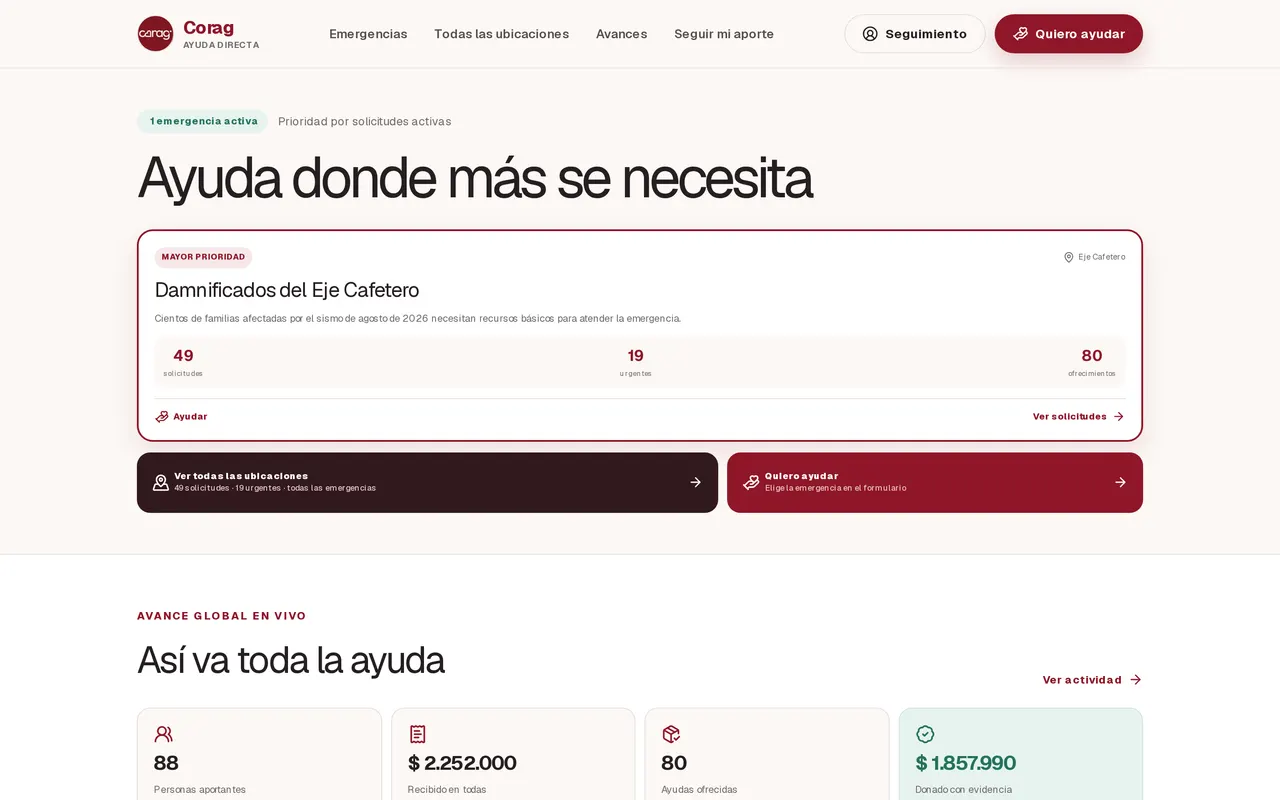 Pantalla principal de Ayuda Directa en escritorio, con la emergencia prioritaria y el avance global en vivo