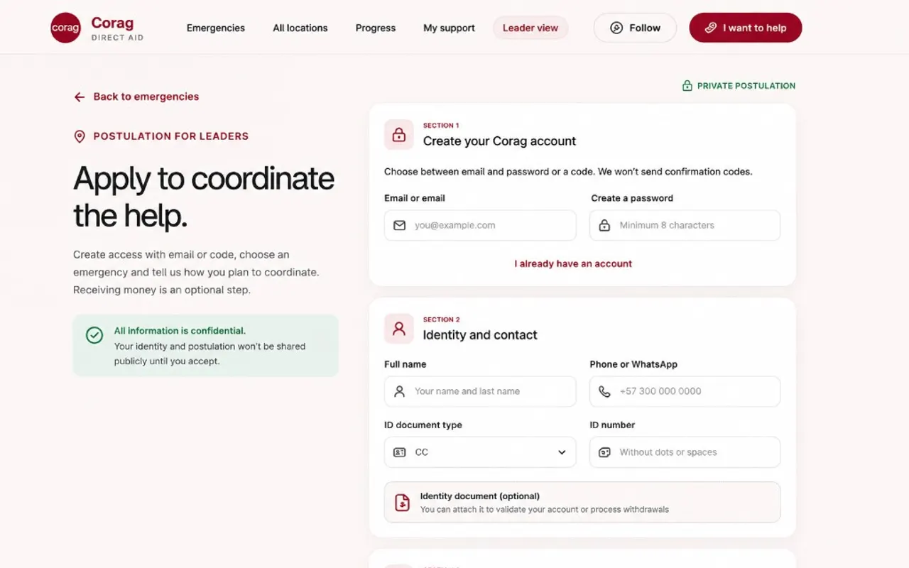 Ayuda Directa leader application screen, with the form empty