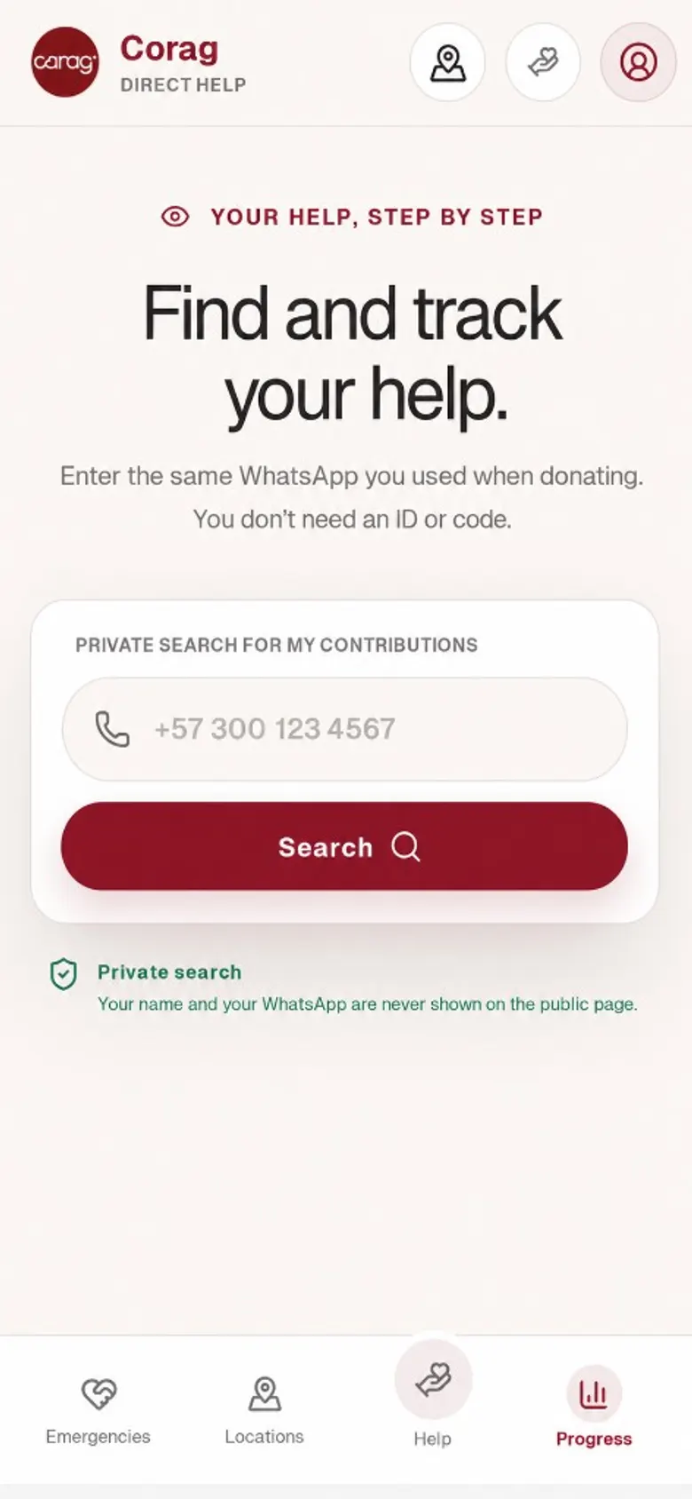 Ayuda Directa private contribution follow-up screen, with the search empty