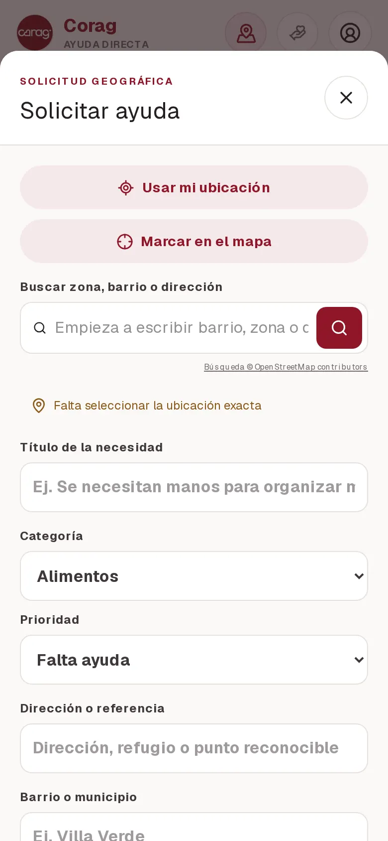 Formulario «Solicitar ayuda» de Ayuda Directa en un teléfono, con los campos vacíos