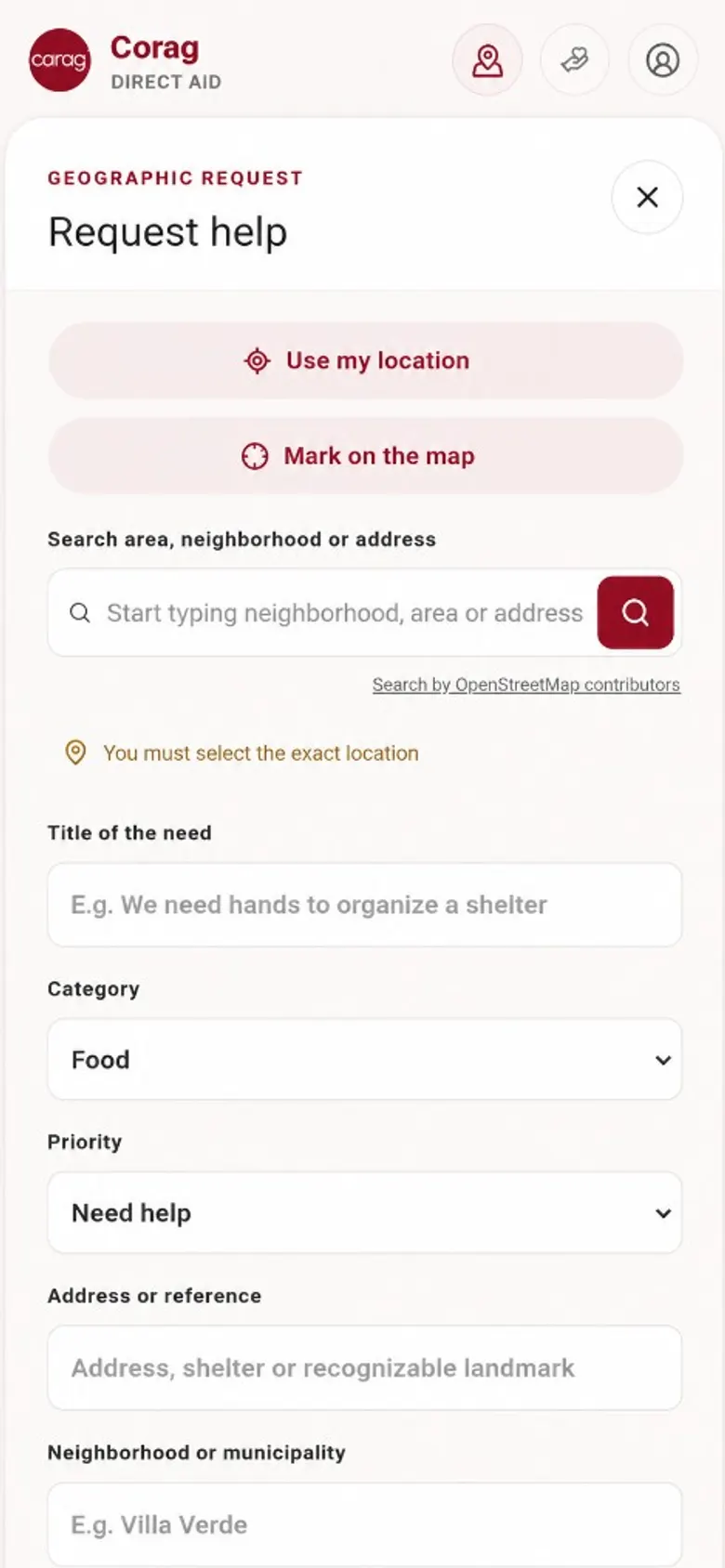 Ayuda Directa "request help" form on a phone, with empty fields